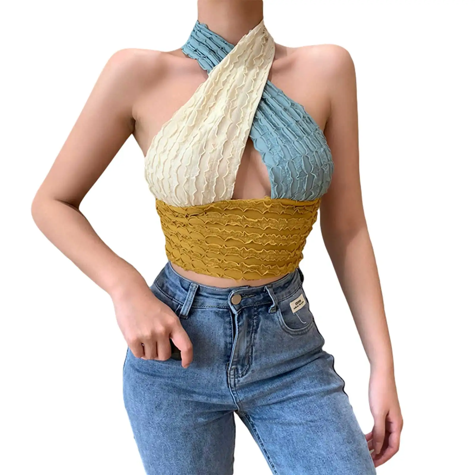 

Casual Women\u2019s Fashion Contrast Color Vest Summer Sexy Halter Hollow Exposed Navel Slim Fit Camisole