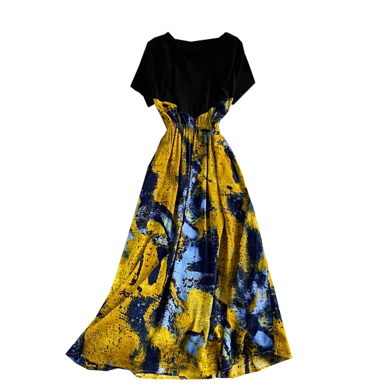 

Summer Loose Slimming Stitching Printed Round Neck Mid-length Dress Women Drawstring Waist Slimming Long Dress Women UK539