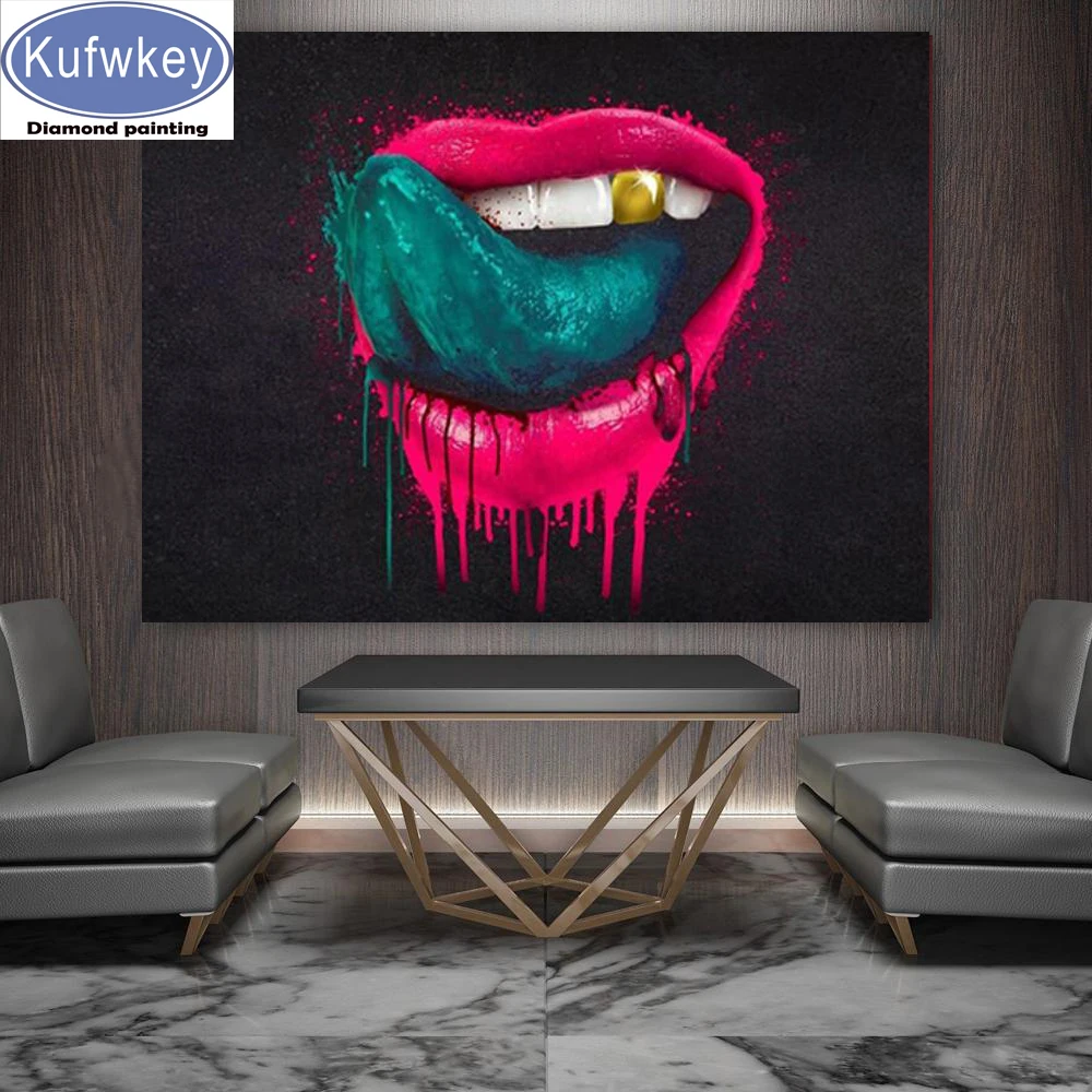 Современная алмазная живопись сделай сам с красными губами и синим языком хит