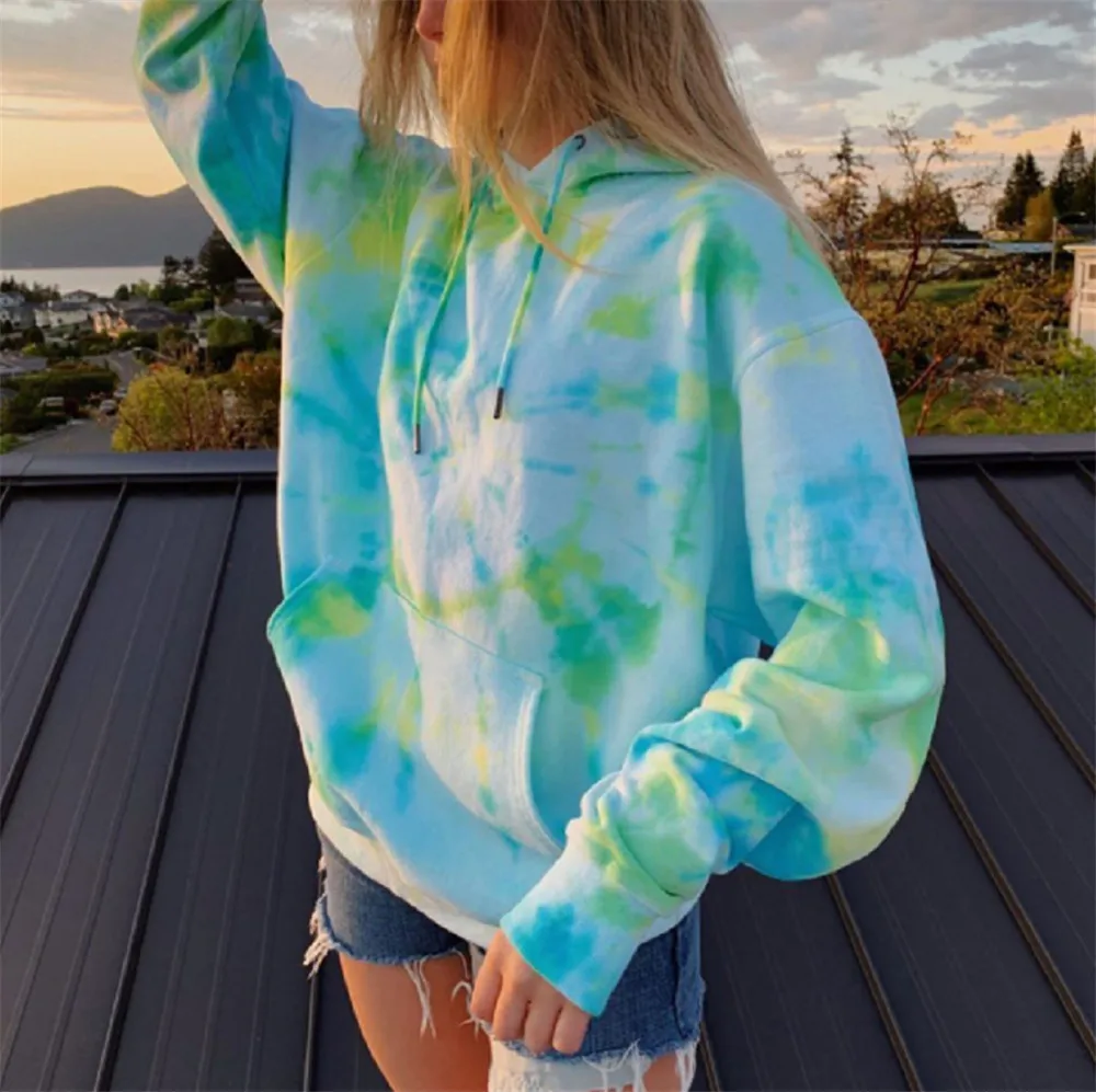 

Autumn Spring 2020 New Fashion Women's Tie Dye Hooded Hoodies Casual Oversized Drawstring Long Sleeve Hooded Sweatshirt Pullover