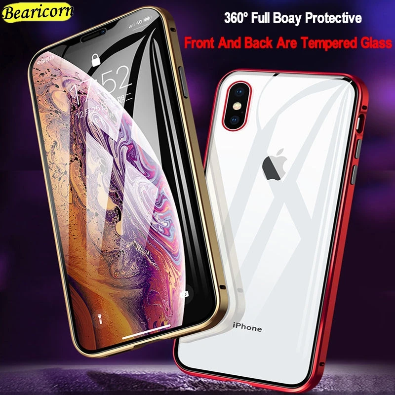 

360 Magnetic Adsorption Metal Case For iPhone 12 mini 11 Pro Xs Max XR 7 8 6s Plus SE 2020 Double-Sided Glass Magnet Cover