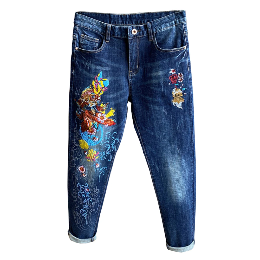 

Мужские джинсы стрейч с вышивкой рыбы, модные синие джинсовые брюки с вышивкой, узкие брюки
