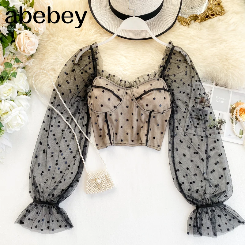 Женская блузка с длинным рукавом элегантная сетчатая вырезом лодочкой и принтом