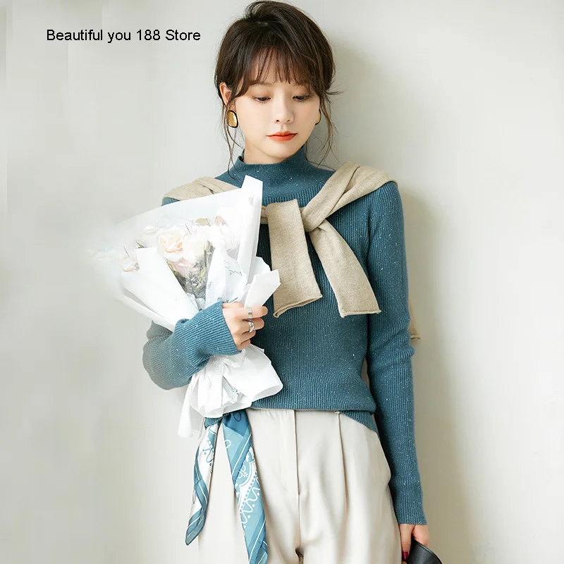 

elegant 2020 Autumn New semi-turtleneck sweater base slim-fit flash sweater top