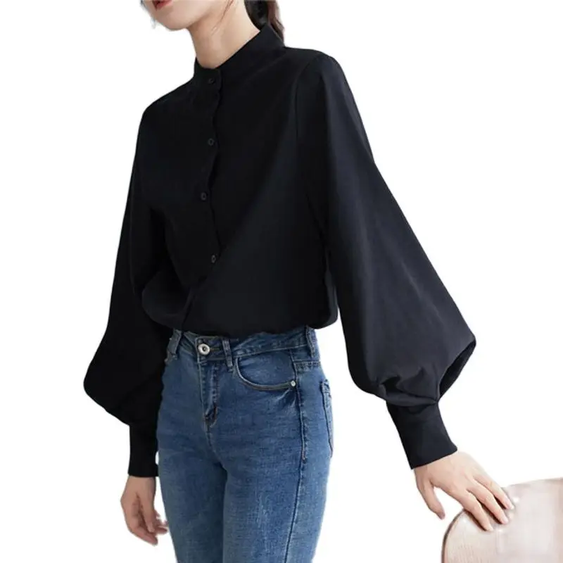 

Блузка женская на пуговицах, модная рубашка с большими рукавами-фонариками, Офисная рубашка для работы, белая повседневная с воротником-сто...