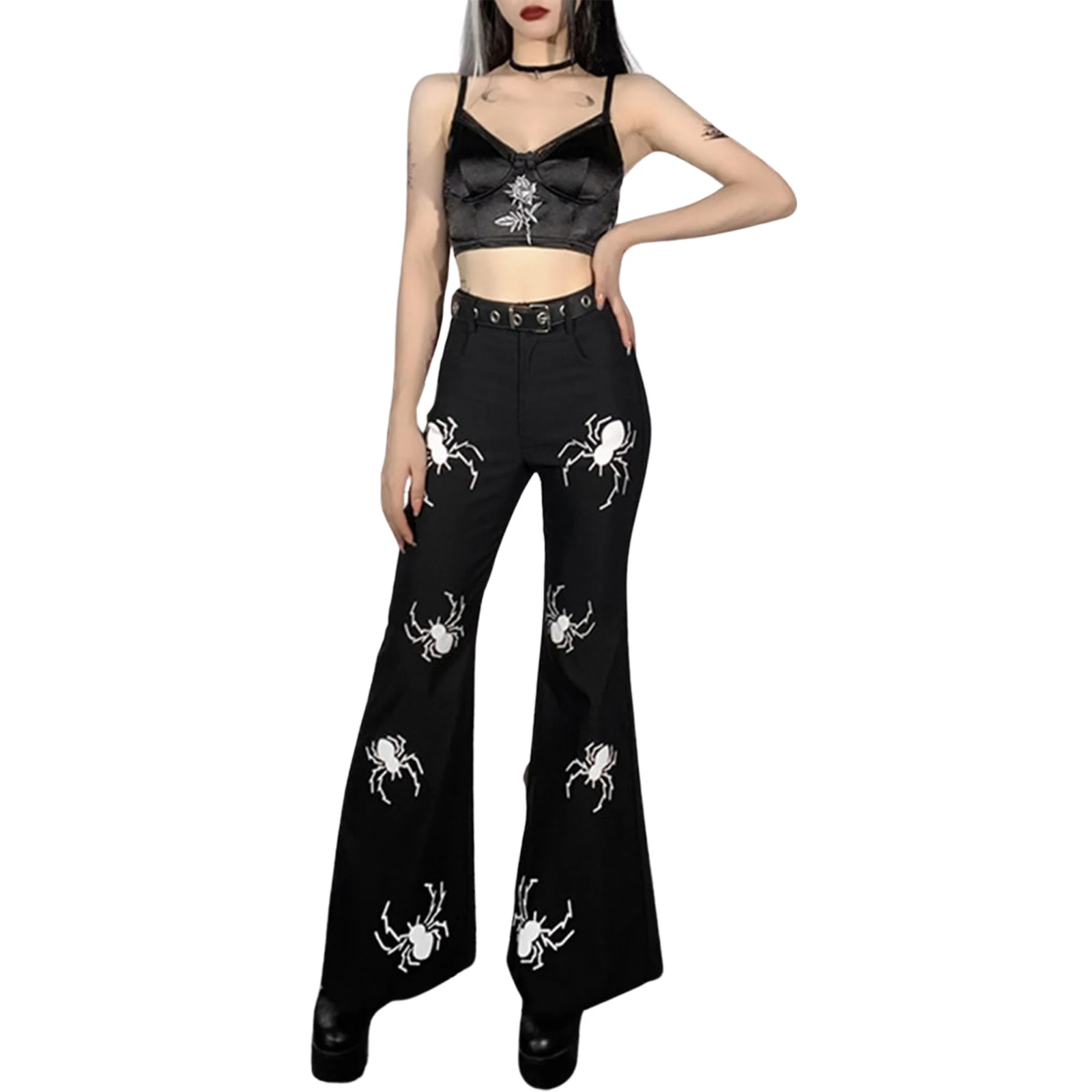 

Women Casual Flared Pants High-waisted Spider Print Trousers with Pockets
