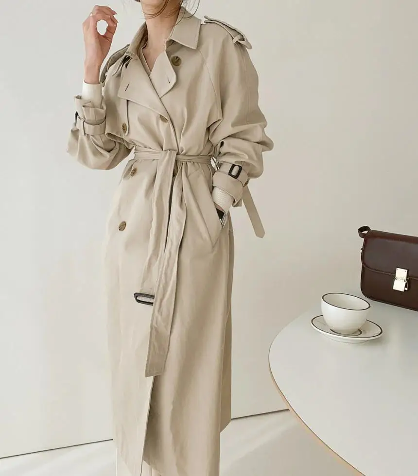 

Женский двубортный длинный тренчкот, повседневное элегантное Свободное пальто с поясом, модная ветровка с длинным рукавом для осени и зимы