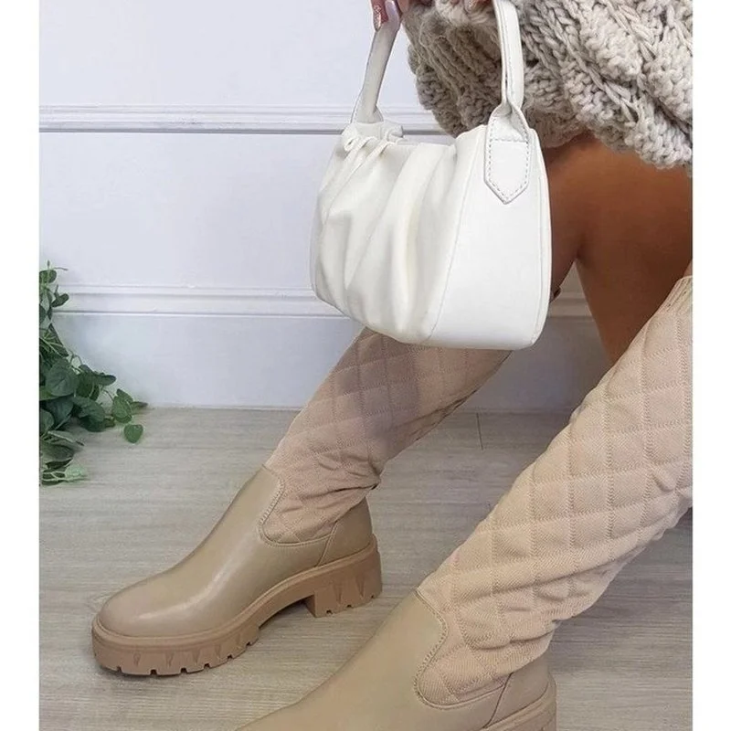 

Women's Boots 2022 Autumn and Winter New Style Thick-soled Socks Boots PU Leather Knee-length Boots Women's Shoes Beige Black