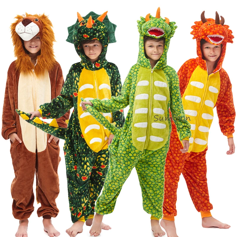 Kigurumi/Детские пижамы с динозаврами для мальчиков и девочек; пижамы с единорогом; детский пижамный комплект; одежда для сна с животными; зимние комбинезоны