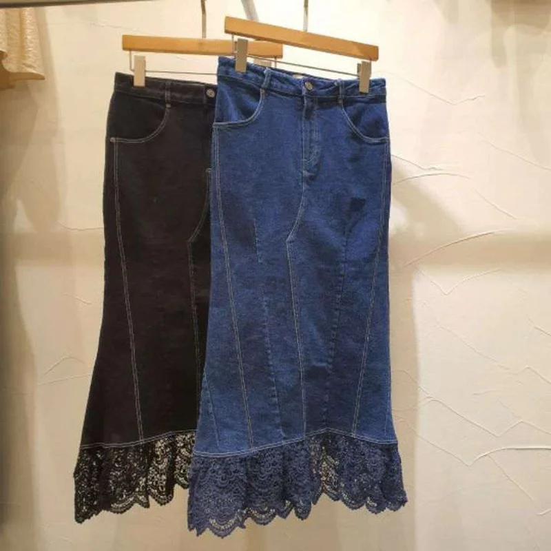 

Korean Fashion Lace Patchwork Trumpet Denim Skirt Spring High Waist Skirts Womens 2021 New All-match Slim Fit Faldas Mujer