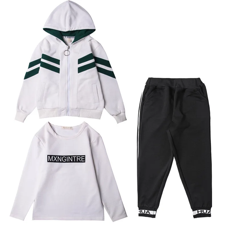 Spring Autumn Casual Teenage Boys Sport Wear 3 Piece Sets Hooded Striped Jackets+Pullovers+Sweatpants Kids Tracksuit 4-15T | Детская