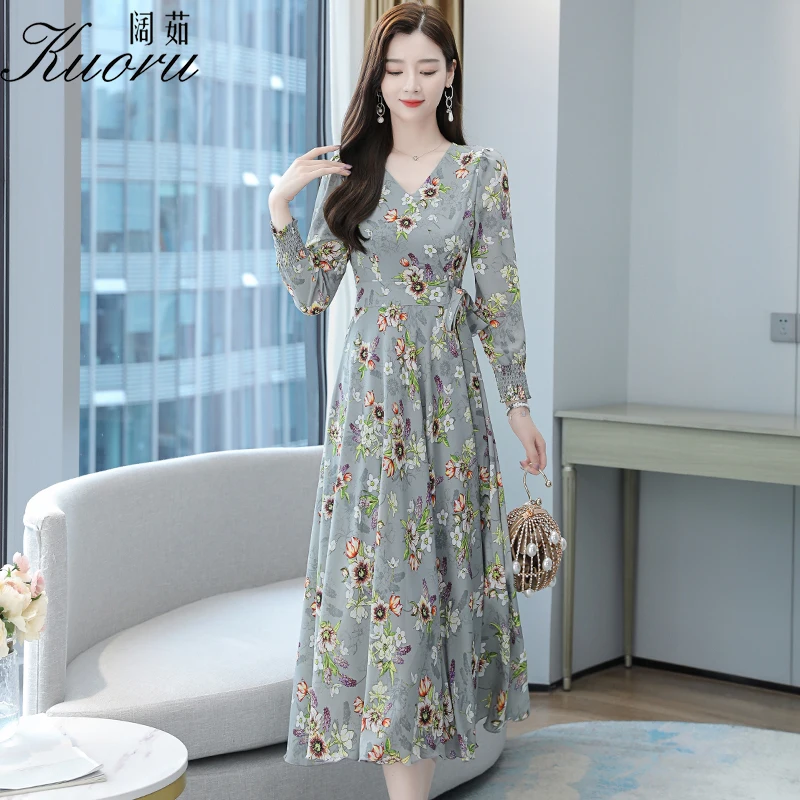 

Autumn V Neck Vintage Casual Floral Robe Femme Chic Vestido Midi Chiffon Long Sleeve Dresses For Women Party Aesthetic Vestidos