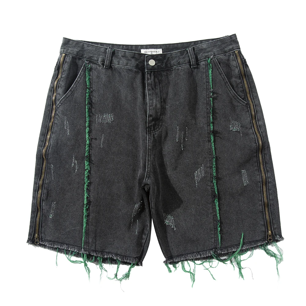 

Потертые джинсовые шорты с боковой молнией в стиле Харадзюку, мужские джинсовые шорты с цветными лентами в стиле ретро, Свободные повседнев...