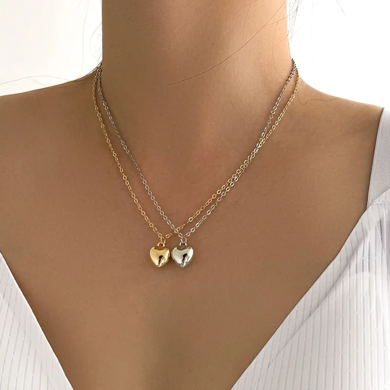 

Classic Simple Gold Silver Color Double Layer Thin Chain Necklaces For Women Fashion Metal Small Heart Pendant Necklace Jewelry