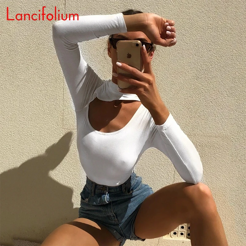 

Sexy Cross Hollow Out Long Sleeve Knit White Body Bodysuits Korean Vintage Black Bodycon Jumpsuit Women Spring Summer Women 2022