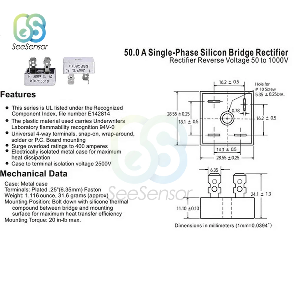 2 шт./лот KBPC5010 Single-фазы диодный мост выпрямителя 50A 1000V KBPC 5010 силовой выпрямительный диод электронные Компоненты