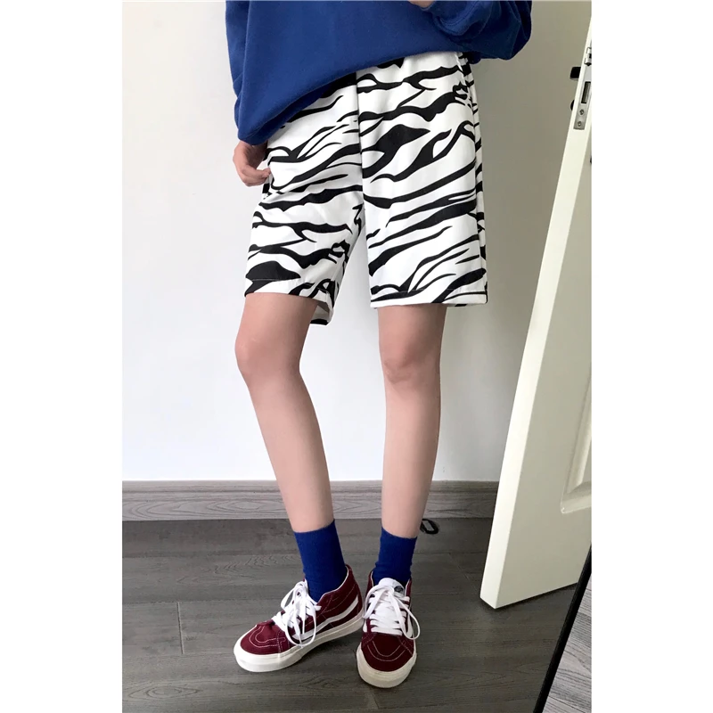 

Harajpoo Women Shorts Summer Korean Ins Retro Zebra Pattern High Waist Casual Student Wild Loose Five-point Wide Leg Pants