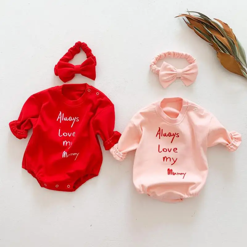 

2021 Spring New Plus Velvet Baby Girl Letter Embroidered Long Sleeve Bodysuits Baby Cotton One-piece Jumpsuits With Hair Band