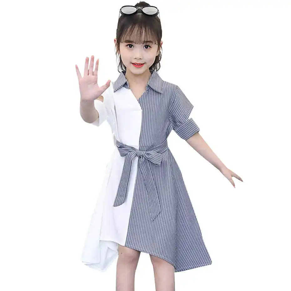 

Girls Dress Striped Patchwork Party Dress For Girl Turn Down Collar Kids Dress With Bow Belt Autumn Novelty Costume For Girls
