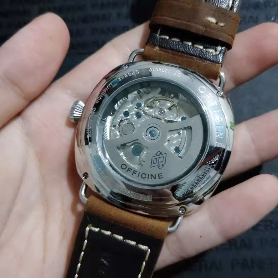 

New Men Automatic Mechanical Stainless Steel Black Green Brown Leather Silver Black Sport Dive Watch Glass Back 44mm AAA+