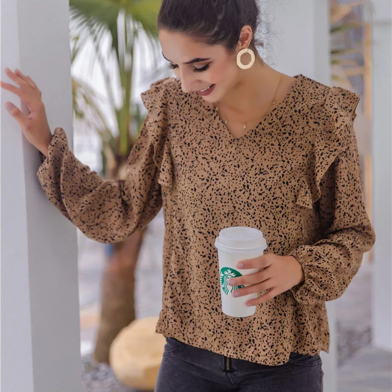

Spring Fashion Casual Sexy V Neck Top Women Sweet Elegant Slim Long Sleeve Print Ruffles Party Blouse Shirt Office Shirts