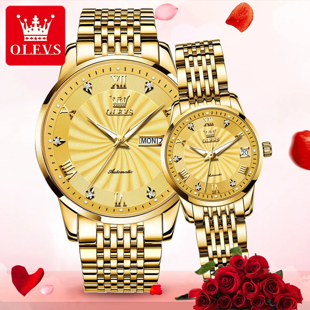 OLEVS Fashion Lovers Watches Brand Luxury Automatic Mechanical Watch For Men Women Stainless Steel Waterproof Couple Watch 6630