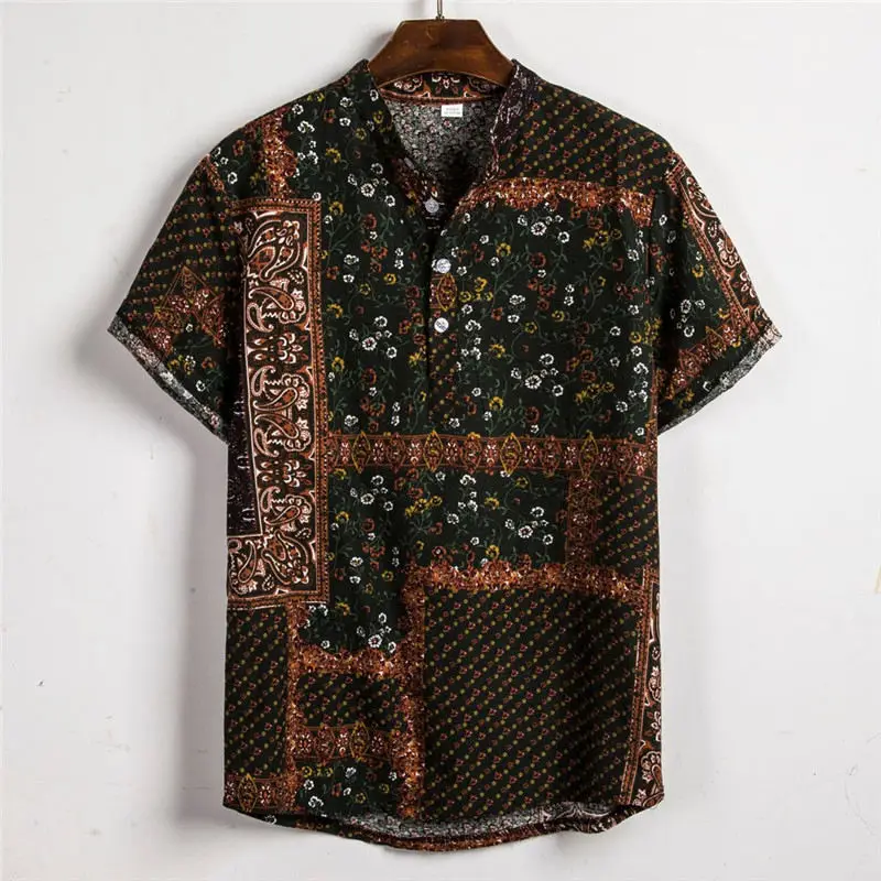 Мужская гавайская рубашка camisa, летняя Этническая Повседневная хлопковая льняная рубашка с коротким рукавом, мужская рубашка chemise homme, уличная одежда W