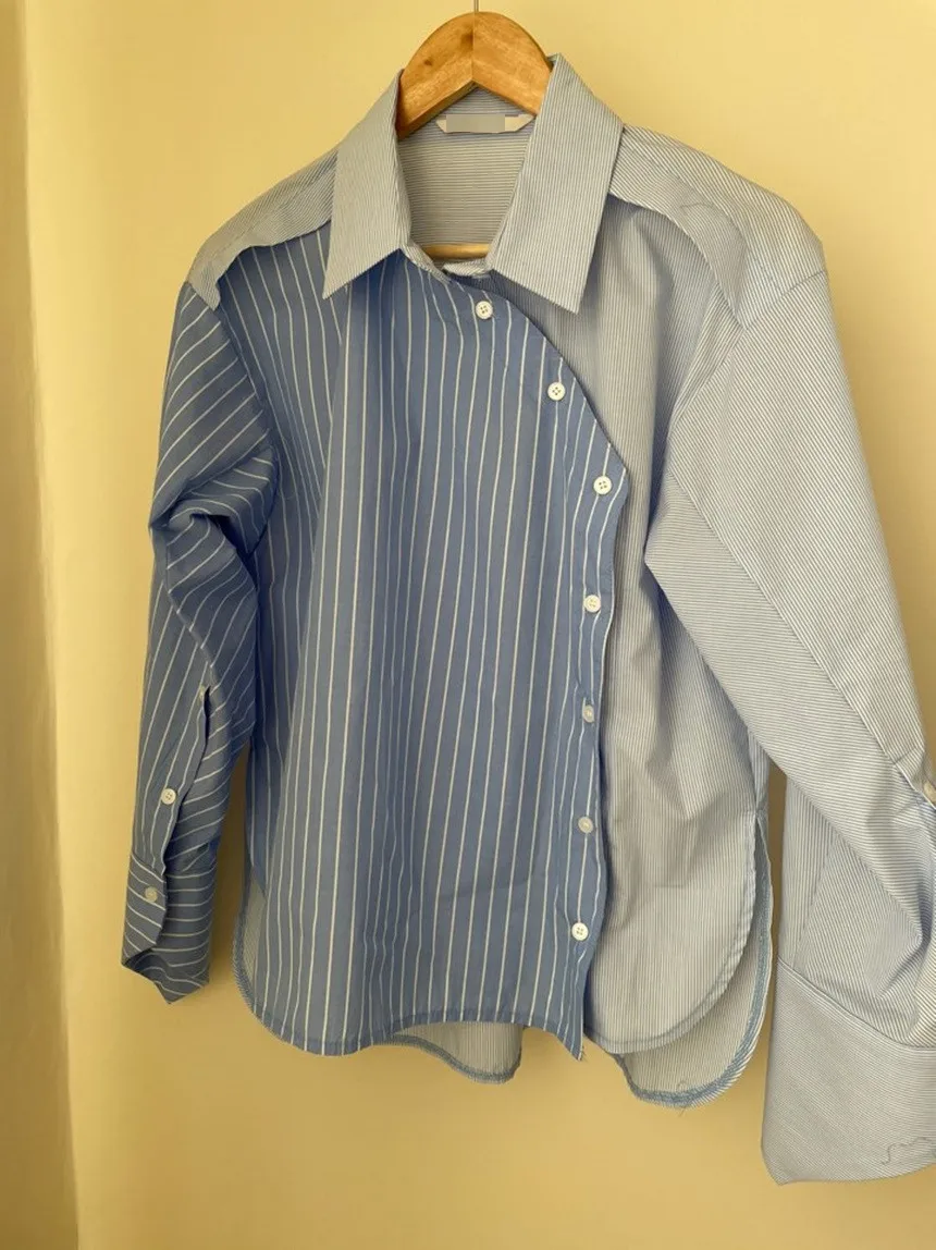 

Women Irregularity OL Blussa Casual Autumn Female Patchwork Blouses Loose Striped Tees Tops Workwear Office Lady Shirts S203