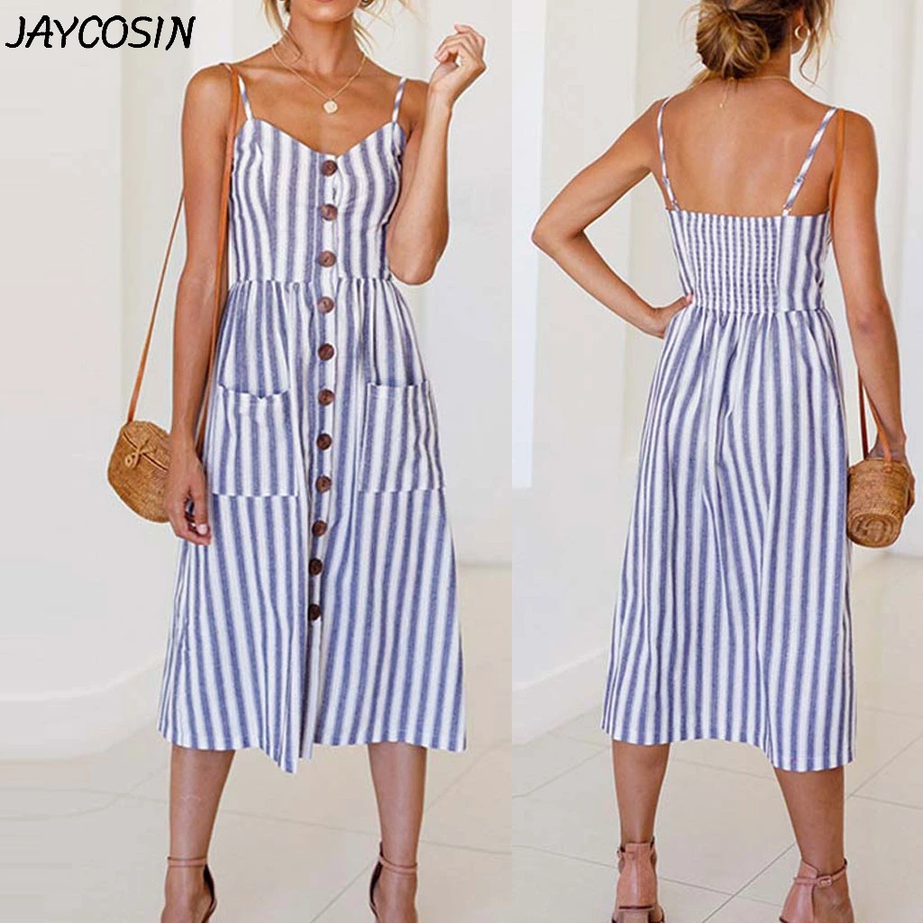 Женское платье в полоску JAYCOSIN летнее праздничное без рукавов с v-образным вырезом