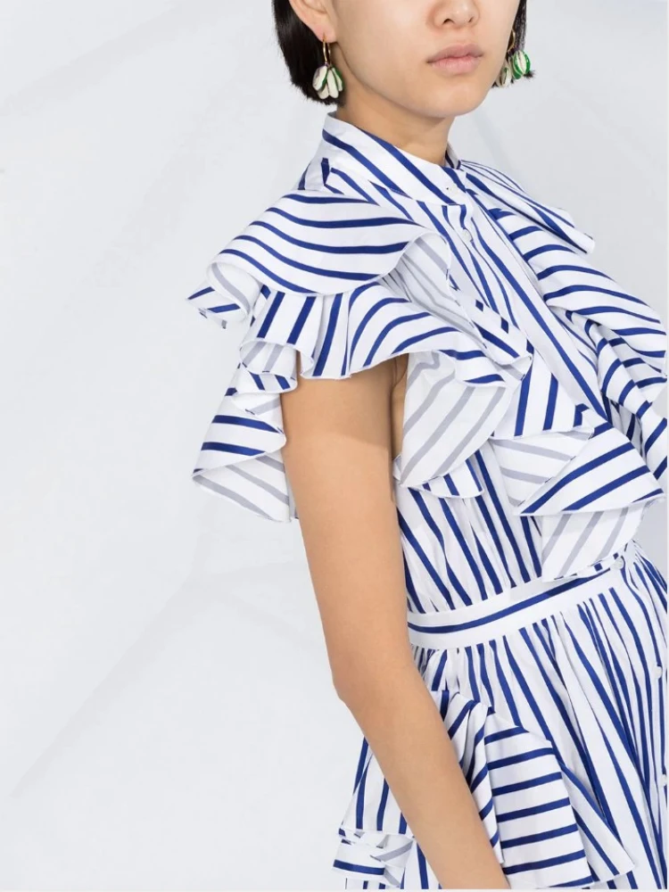 

Summer Striped Dress Special Butterfly Sleeve Stand Mini Dress New Ruffles Single Breasted Women Short Dresses Simple Casual XL