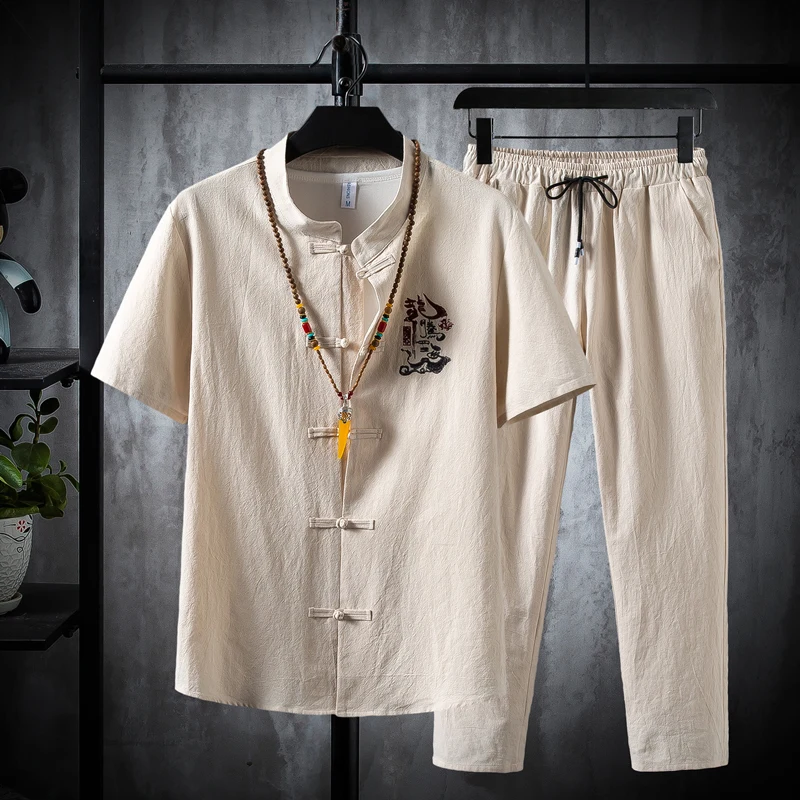 

Summer Plus Size M-5XL Cotton Linen Embroidery Hanfu Sets Kung Fu Chinese Style Suit Men Traditional Tang Tops + Pants Clothes