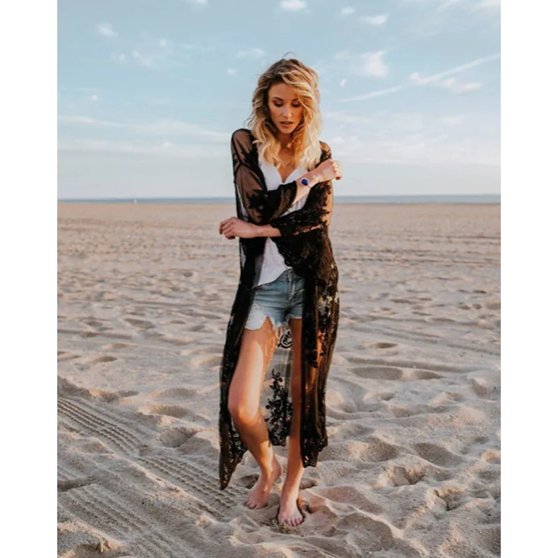 

Новая сетчатая Солнцезащитная Длинная блузка с вышивкой, пляжные Комбинезоны для женщин, белый и черный купальник, накидка