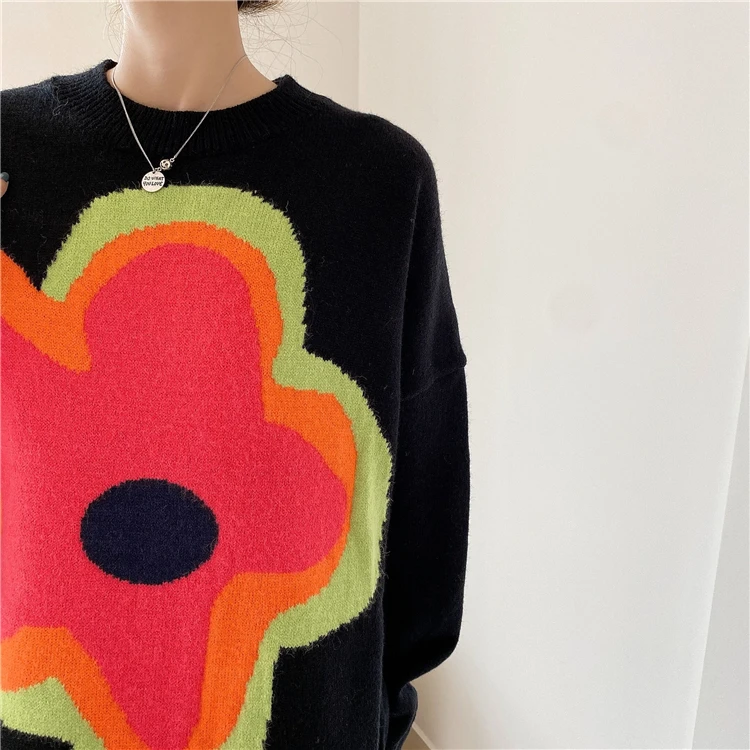 

MosiMolly Pretty Floral Jacquard Sweater Jumper Pullovers Women Sweater 2021 AW Sweater Casual