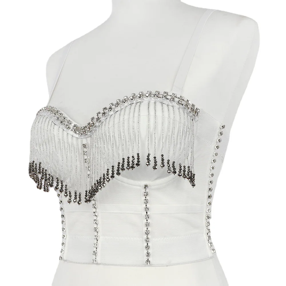 A1007 Dance Tassel Costume Nightclub Hot Girl Fishbone Catwalk Camisole Plain Body Bustier Corset Bra Crop Tops | Женская одежда