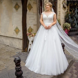Plus Size Civil Wedding Dress White Tulle Bridal Gown For Woman Button Back Scoop Neck Floor Length Свадебное платье 2021