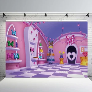 Pink Mouse Princess House Backdrop for Photography Boutique Bowtique Bow Fitting Room Dressing Girl Custom Photo Background