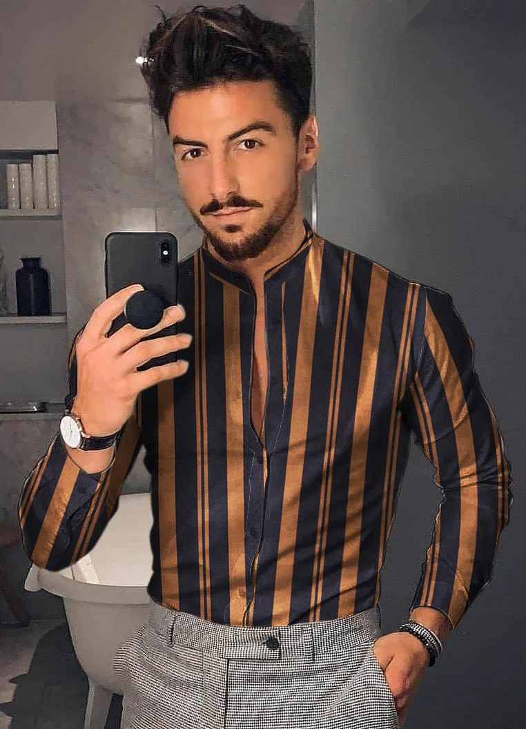 Men's Shirt New Hawaiian  Men Single Button Wild  Printed  Male Blouses  Long Sleeved Striped 2021