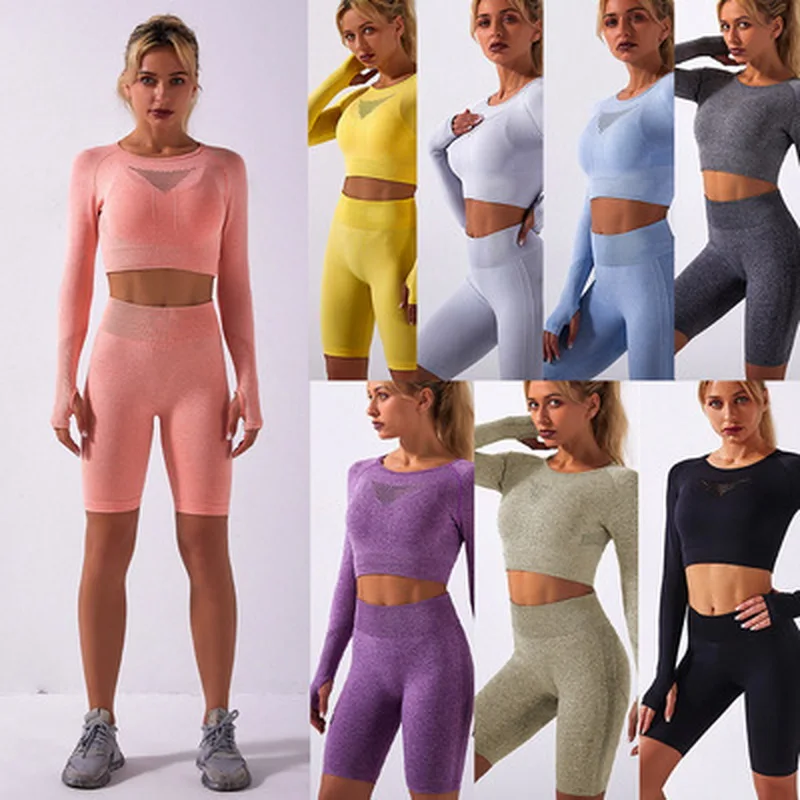 

New solid color women's fitness sportswear seamless high elastic tight chest hollow vest+shorts body shaping GYM