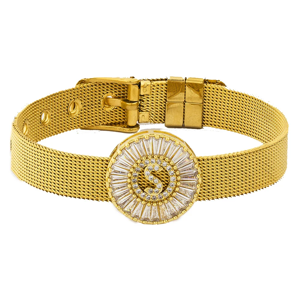 

AIBEF New Adjustable Stainless Steel Watch Belt Bracelet Bangle Copper CZ Initial 26 Letters Name Bracelets Jewelry Women Gift