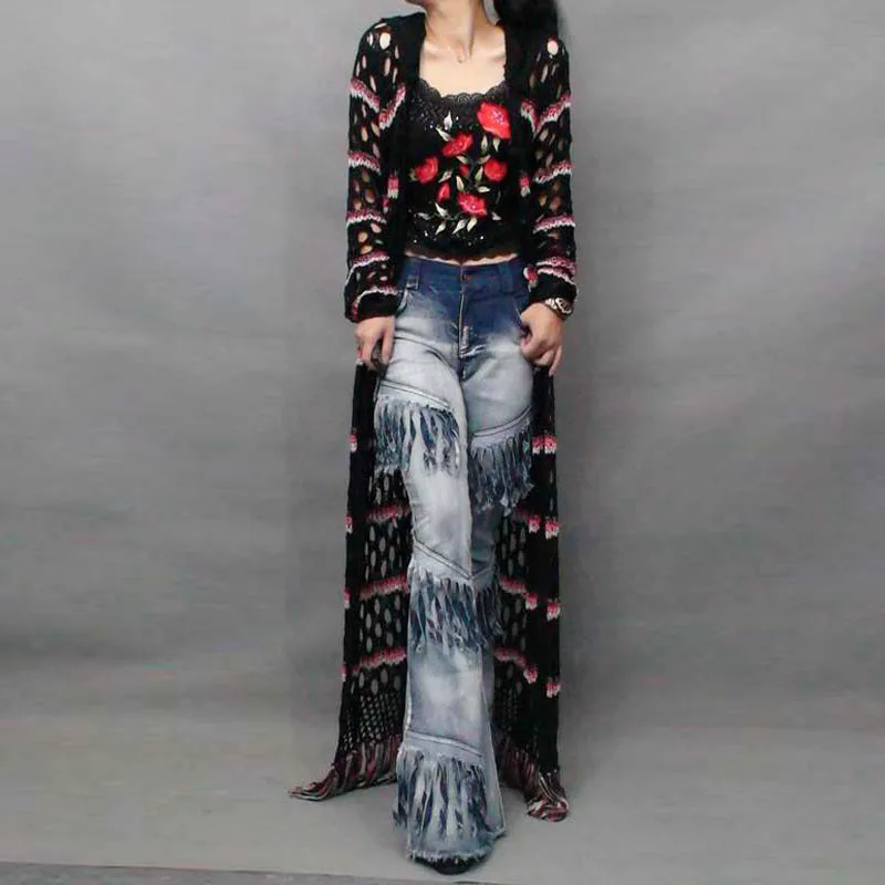 Женский трикотажный кардиган с кисточками повседневное длинное пончо разрезом