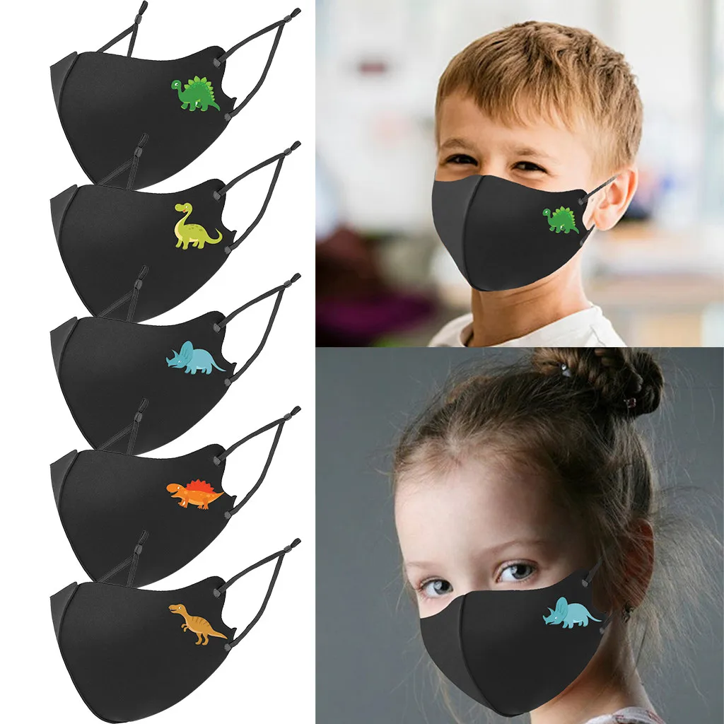 5PCS Child Dinosaurs print Black Mask Washable Face Reusable Dust-Proof Pm2.5 Masks Earloop Bandage Facemask | Тематическая одежда