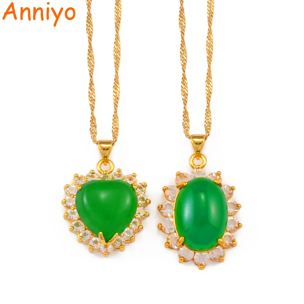 Женское ожерелье с подвеской Anniyo/Сердце & зеленым камнем овальной формы