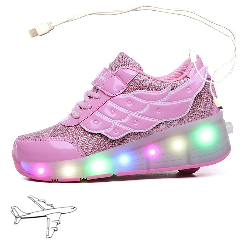 Детские кроссовки на колесиках для мальчиков и девочек 27-40 дюймов розовые белые с