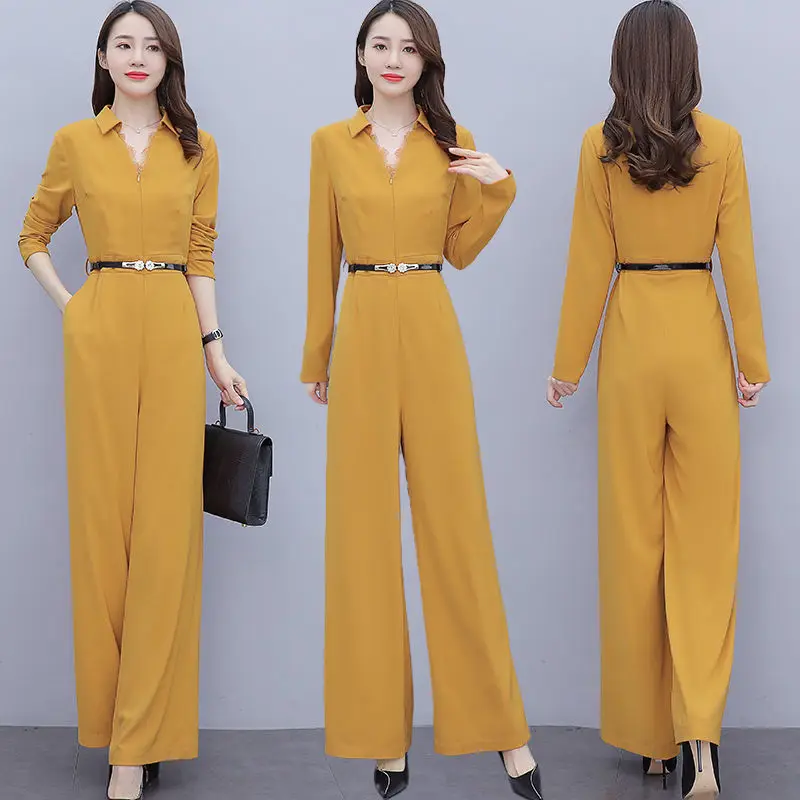 

Design Office Lady Women's Long-sleeved High-waist Jumpsuit Wide Leg Pants Jumpsuits Suit One Piece Pants Rompers Womens