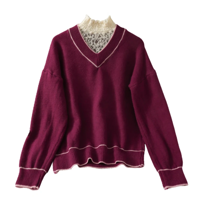 

Sweet and versatile striped lace stitched high neck T-shirt women's 2021 spring loose and slim long sleeve Pullover