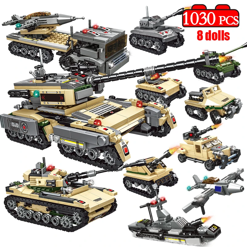 

1030Pcs City WW2 Military Tank Building Blocks Creator High-tech Weapon War Trucks Assault Army Soldiers BricksToys For Children