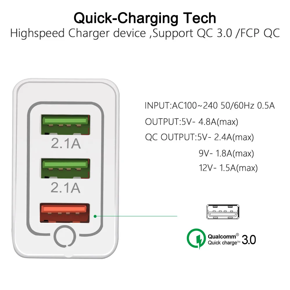 Universal 5V 3A USB Quick Charge 3.0 18W Phone Charger for iphone 7 8 X Huawei EU Plug QC3.0 Fast Charging Multi Charger
