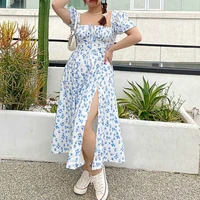 houzhou blue floral dress women sweet puff sleeve plus size 4xl midi dresses summer oversize elegant sundress holiday outfits