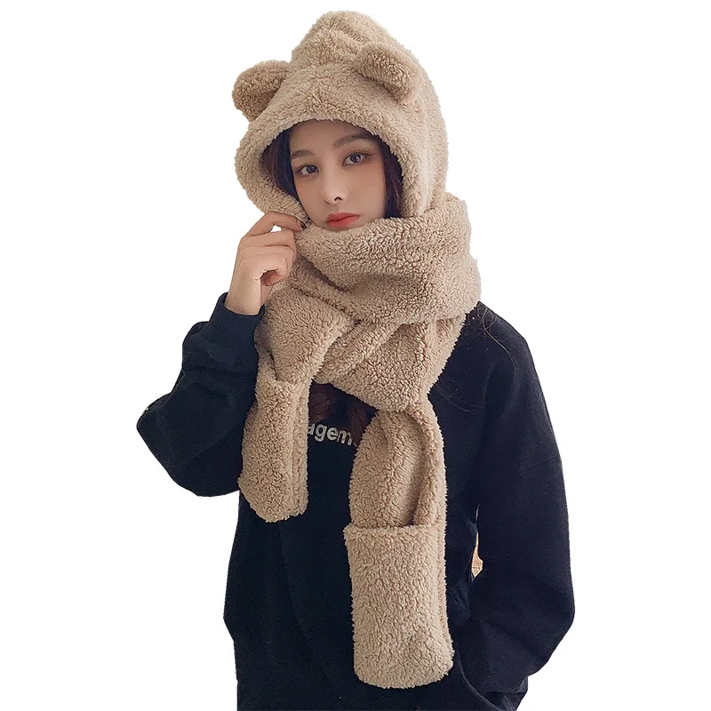 

Cashmere hat women's autumn and winter versatile cute hooded Bear Scarf Gloves integrated warm and cold proof ear cotton hat