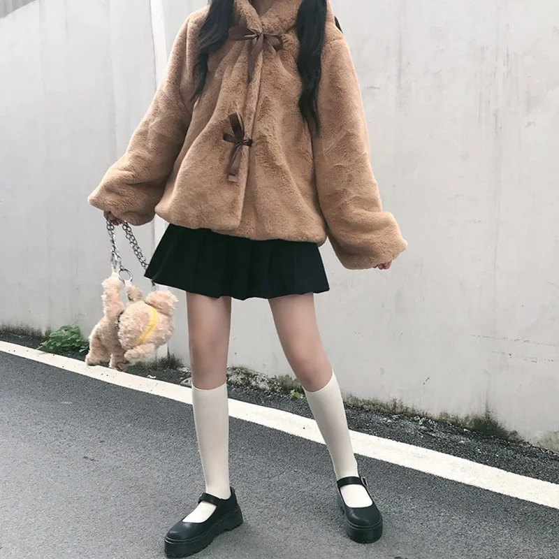 Winter Sweet Jacket Cute Girl Bear Ears Soft Plush Coat Vintage Thicken Long Sleeve Kawaii Jk Lolita Hooded Outweare For Women